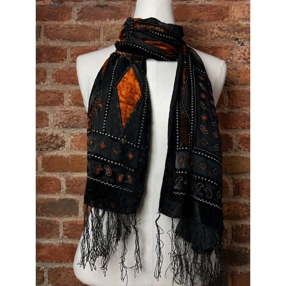 VTG Silk Blend Velvet Burnout Paisley Scarf Wrap Halloween Fall Boho Whimsigoth